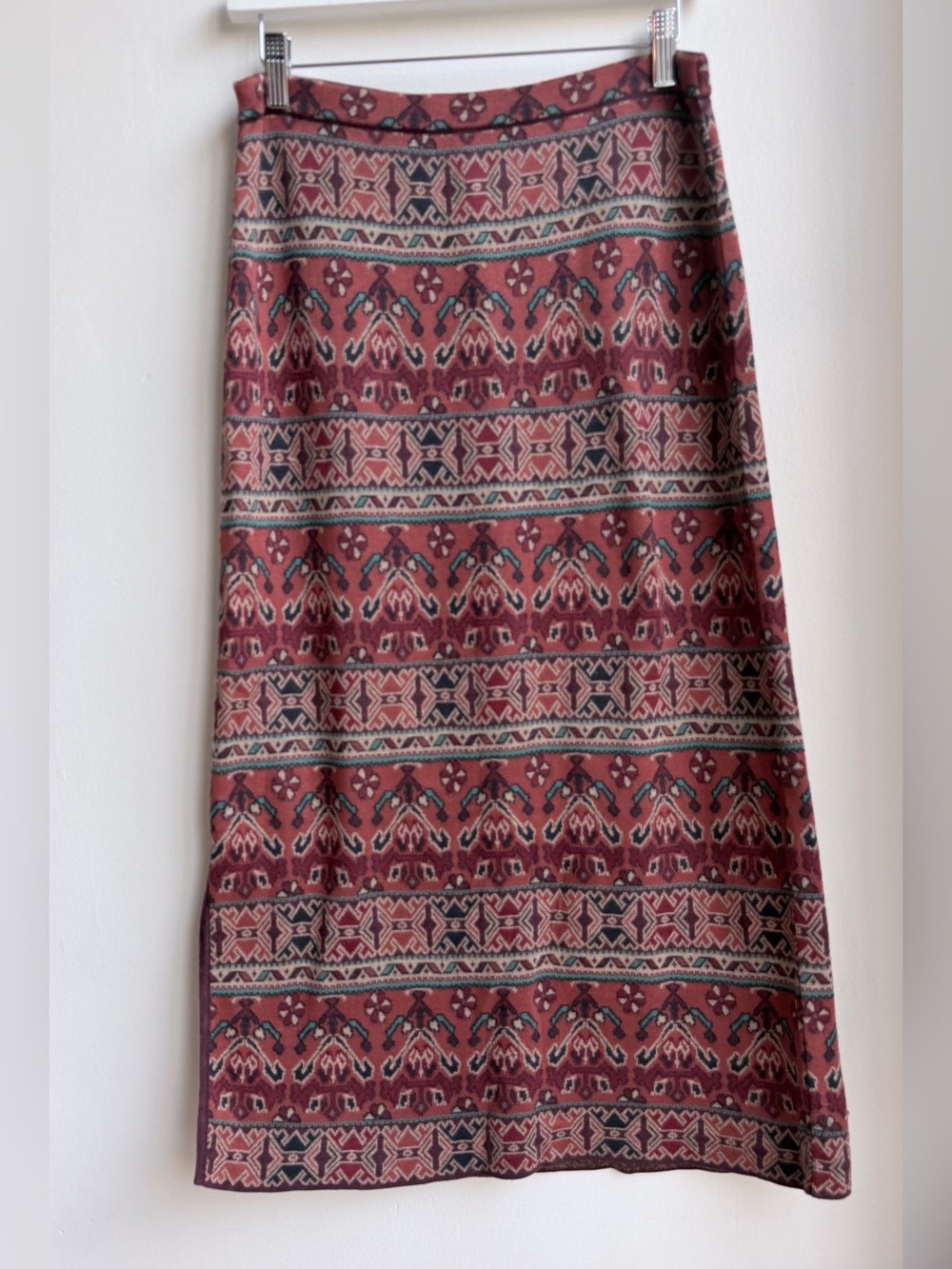 PERUVIAN CONNECTION 100% Pima Cotton Knit Midi Skirt Sz M Boho Geometric Slit⁠